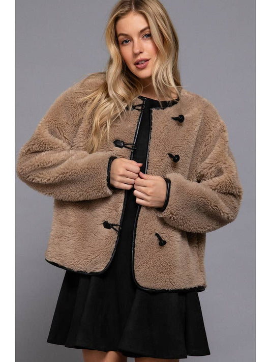 Crew Neck Teddy Jacket - Taupe