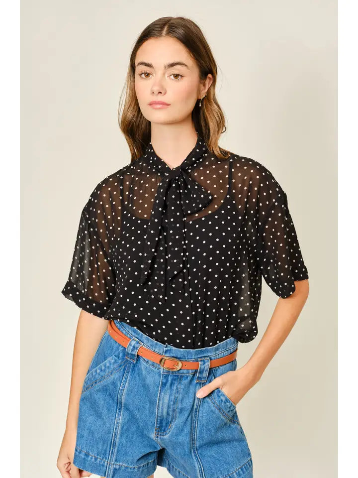 Polka Dot Ribbon Tie Top - Black