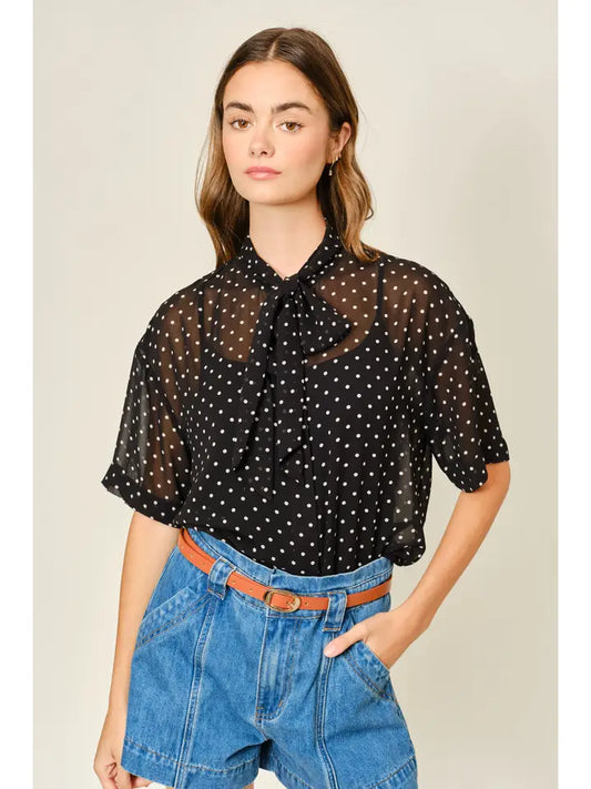 Polka Dot Ribbon Tie Top - Black