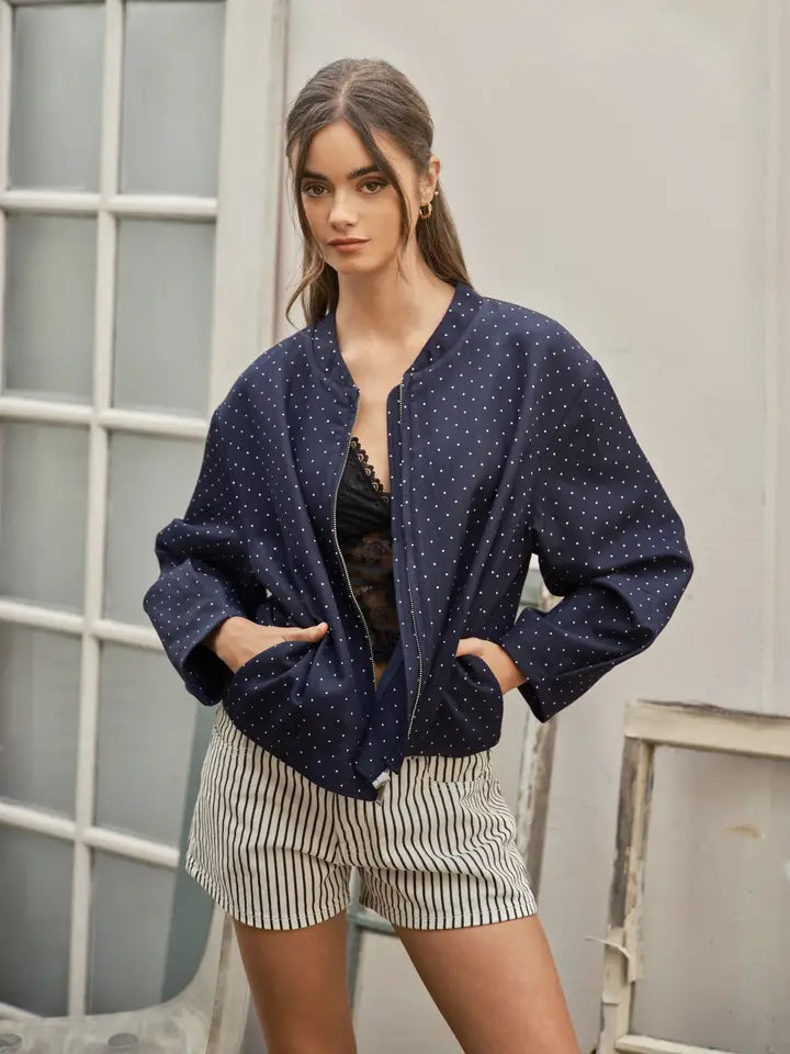 Dot Print Bomber Jacket - Navy