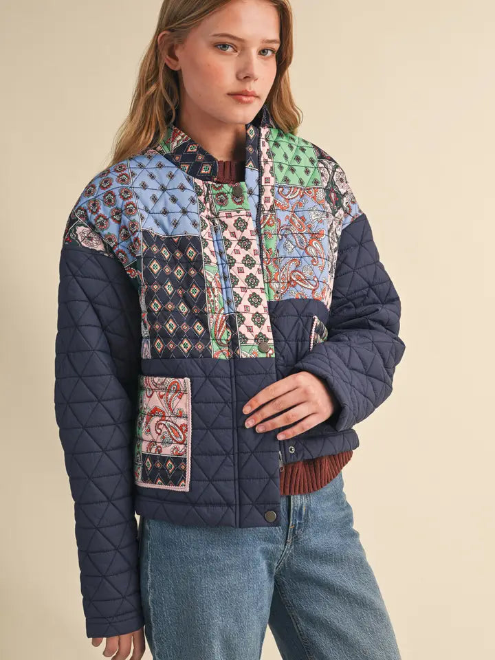 Patchwork Quilted Puff Jacket - Navy