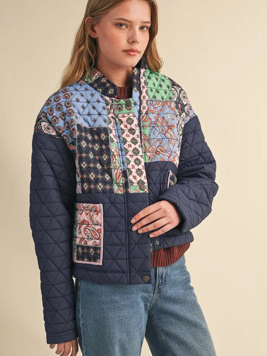 Patchwork Quilted Puff Jacket - Navy