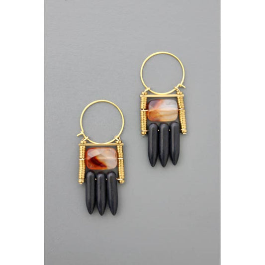 Carnelian and Black Spike Hoop Earrings