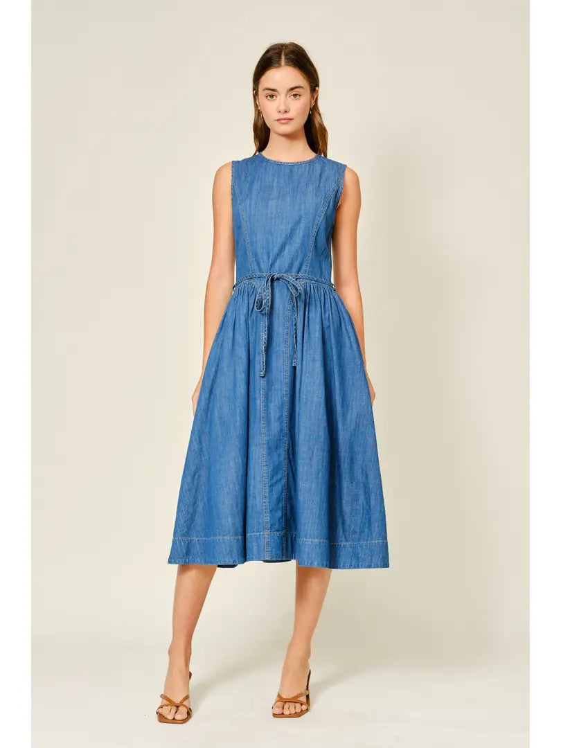 Belted Paneled Midi Dress - Denim