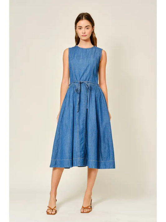 Belted Paneled Midi Dress - Denim