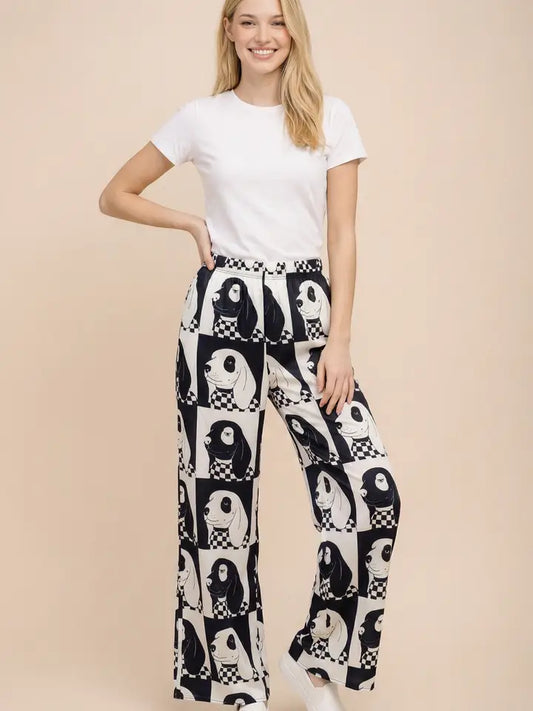 Dog Checkered Wide Leg Pants - Black/White