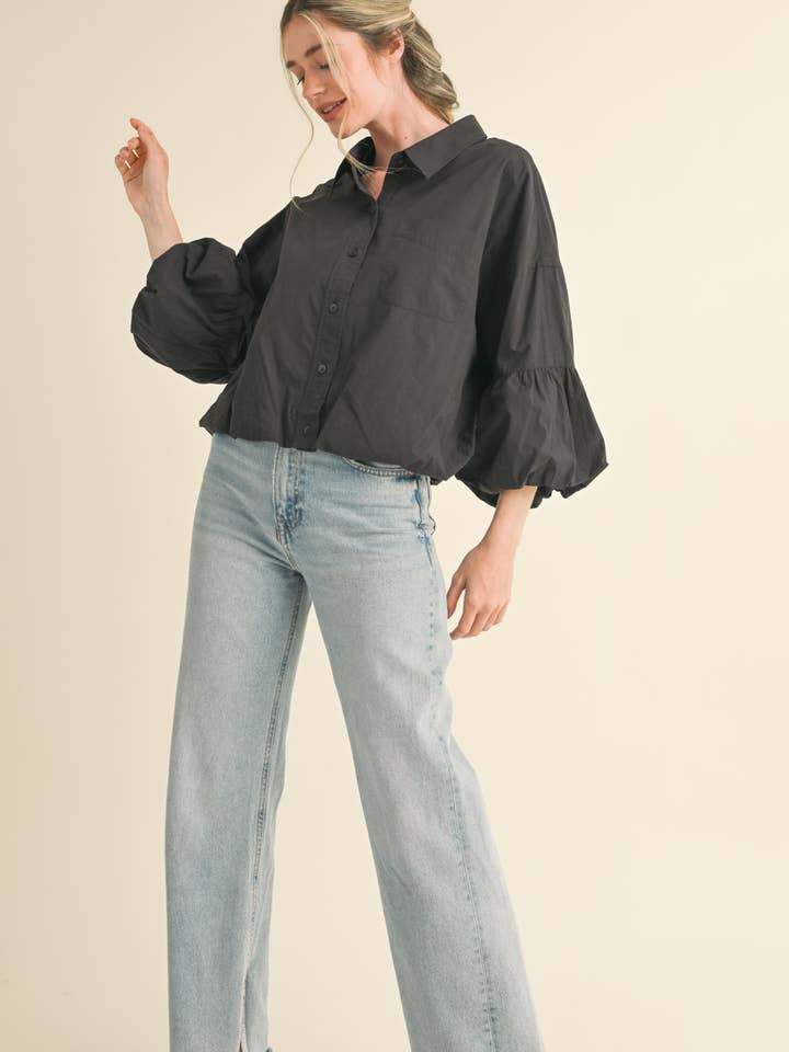 Bubble Sleeve Button Down - Black
