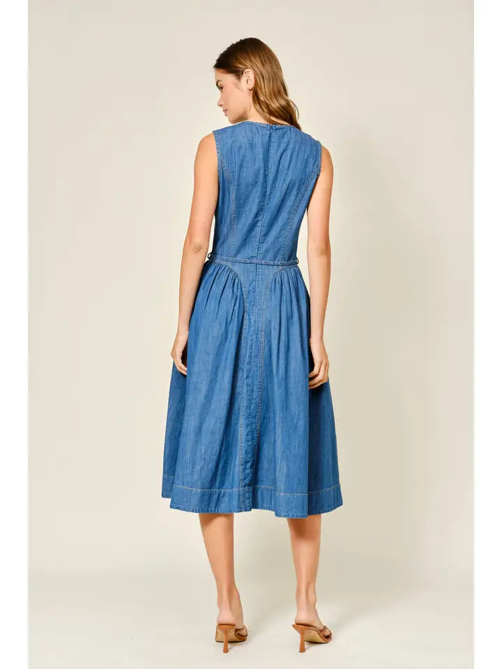 Belted Paneled Midi Dress - Denim