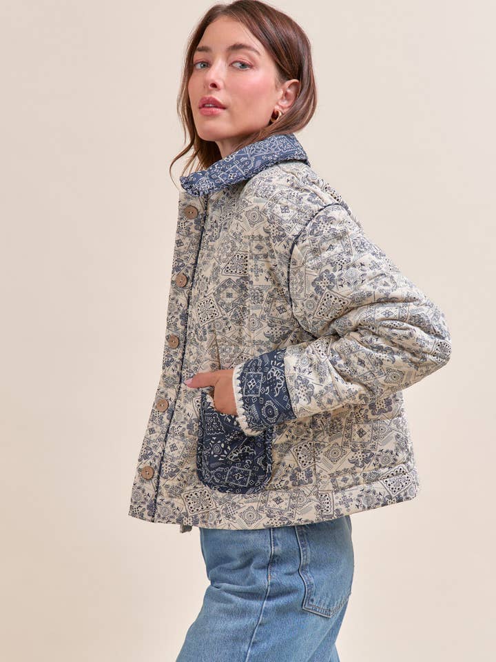 Quilted Bandana Print Jacket - Cream