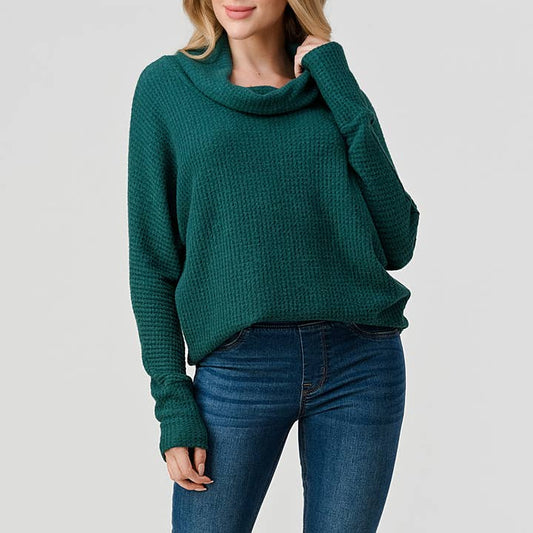 Brushed Knit Cowl Neck Tunic Top - Blue Green