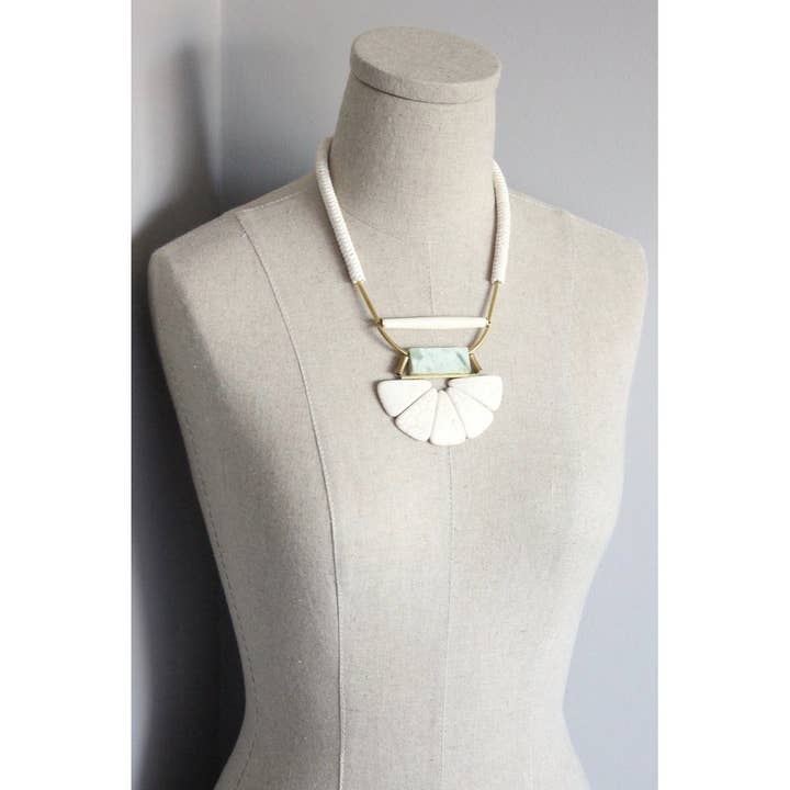 White Stone and Jade Lotus Necklace