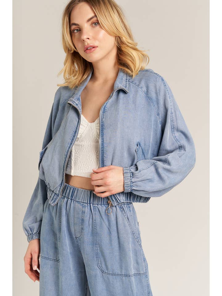 Cropped Bomber Jacket - Light Denim