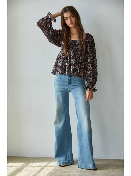 Velvet Mesh Floral Top - Black Multi