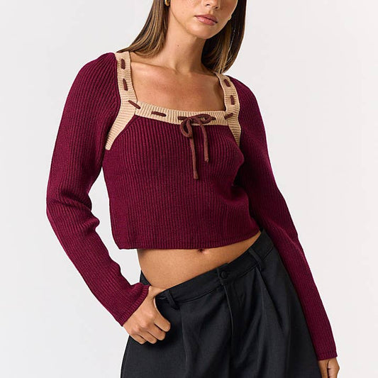 Contrast Tie Sweater Crop Top - Burgundy