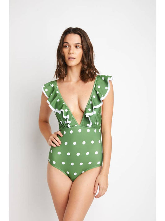 Double Ruffled Swimsuit - Olive Green White Dot