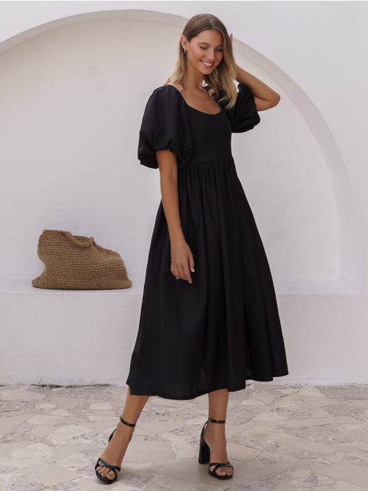 Cherie Puff Sleeve Midi Dress - Black