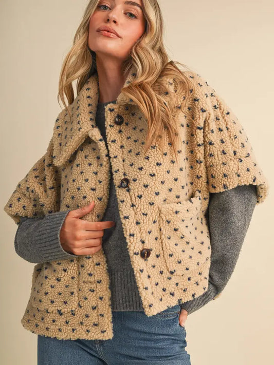 Polka Dot Faux Sherpa Cape - Taupe Navy Heart