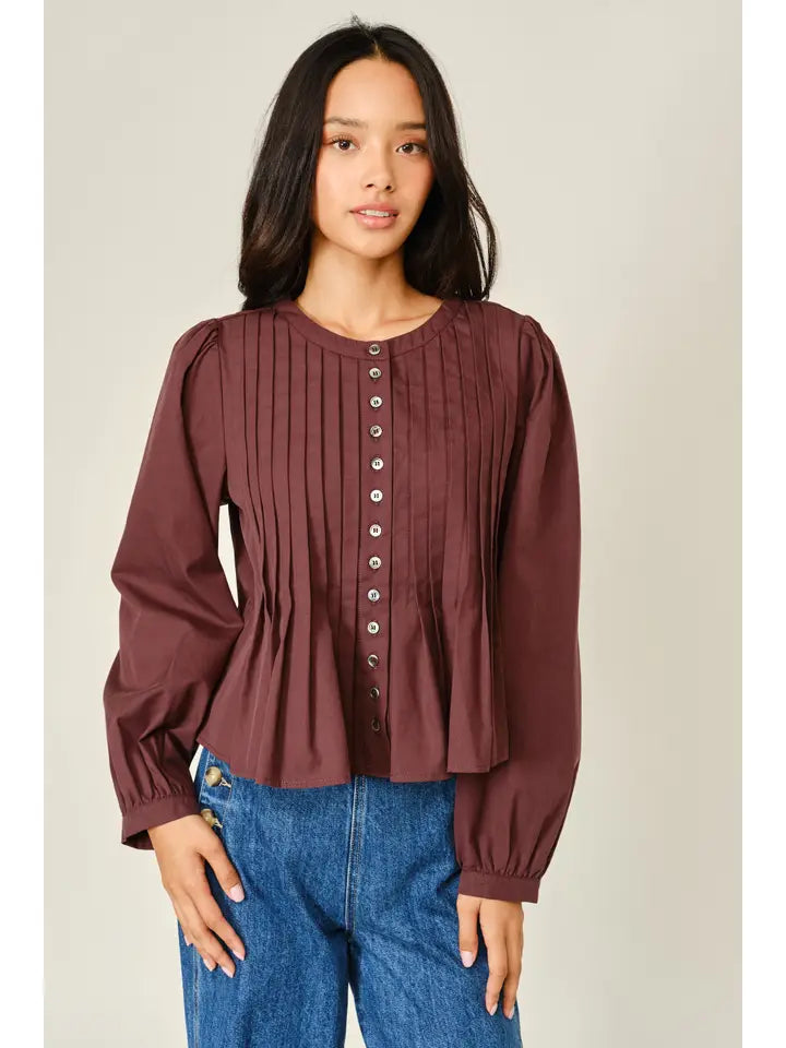 Pleated Babydoll Puff Sleeve Blouse - Brick