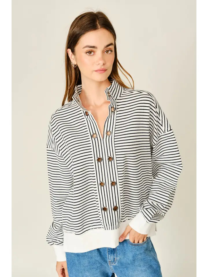 Pullover Striped Eyelet Detail Sweatshirt - Off White/Black