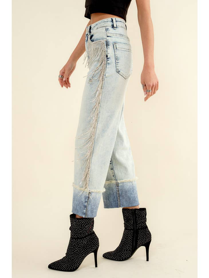 Fringe Rhinestone Denim Jeans