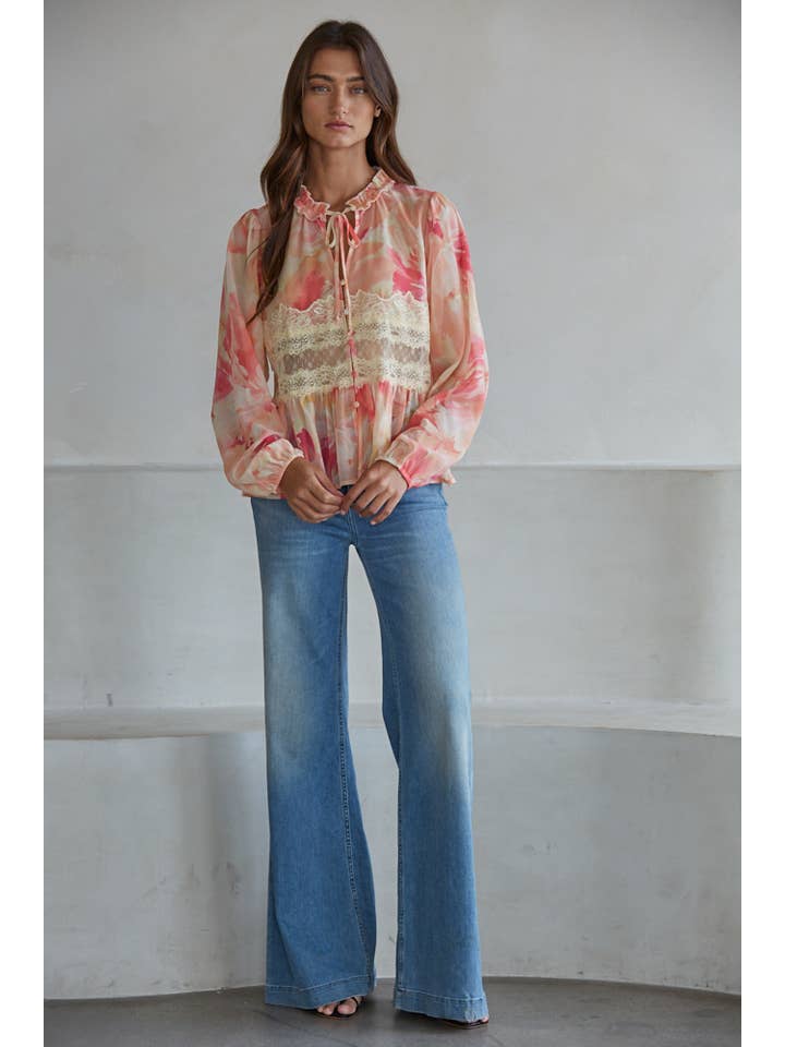 Lace Detail Blouse - Coral Multi