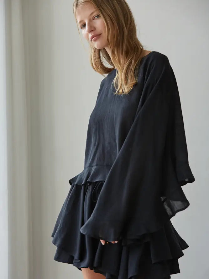 Ruffle Long Sleeve Top - Black