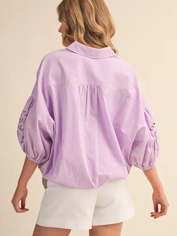Embroidered Bubble Sleeve Button Down - Sweet Lilac