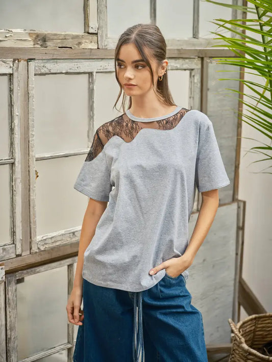 Lace Insert Tee - Grey