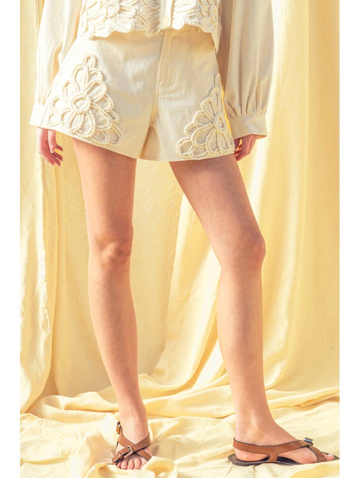 Floral Embellishment  Shorts - Ecru