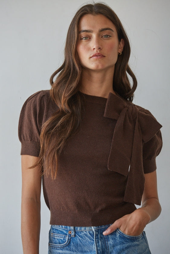 Knit Sweater Pullover with Shoulder Tie Bow - Brown
