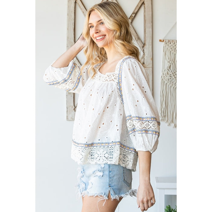 Washed Eyelet Laced Babydoll Top