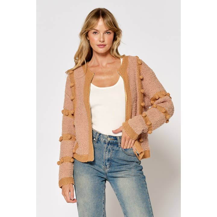 Pom Pom Zip Cardigan - Taupe