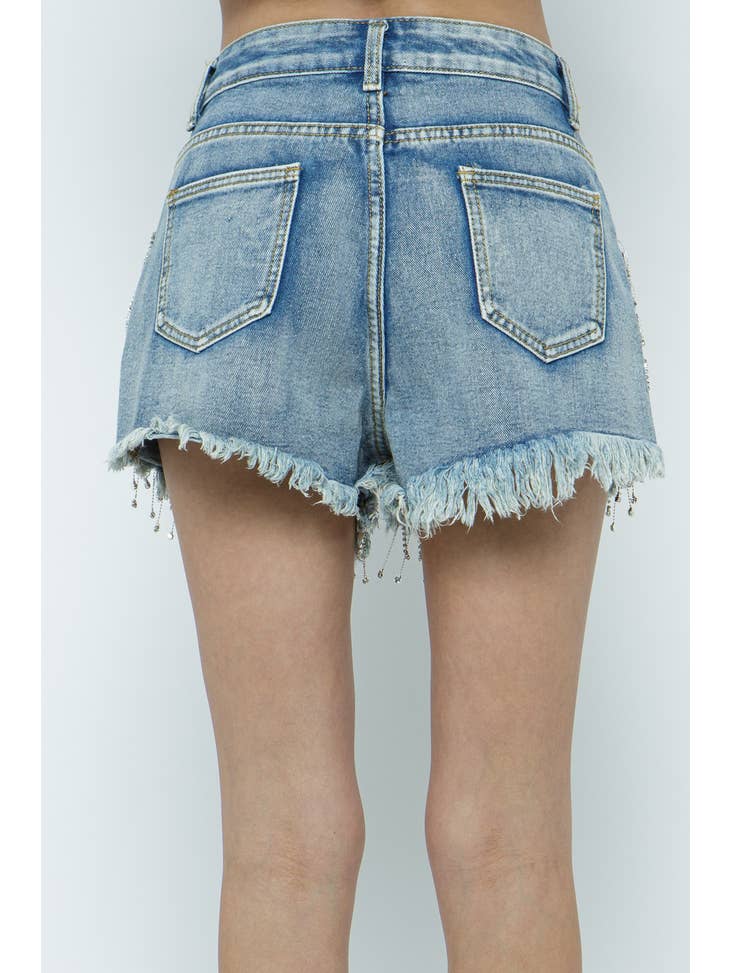 Fringe Rhinestone Frayed Denim Short