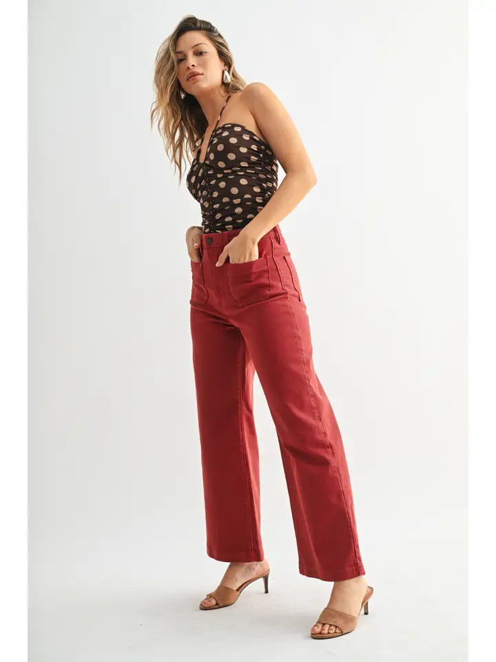 Patch Pocket Wide Leg - Dark Burgundy Red