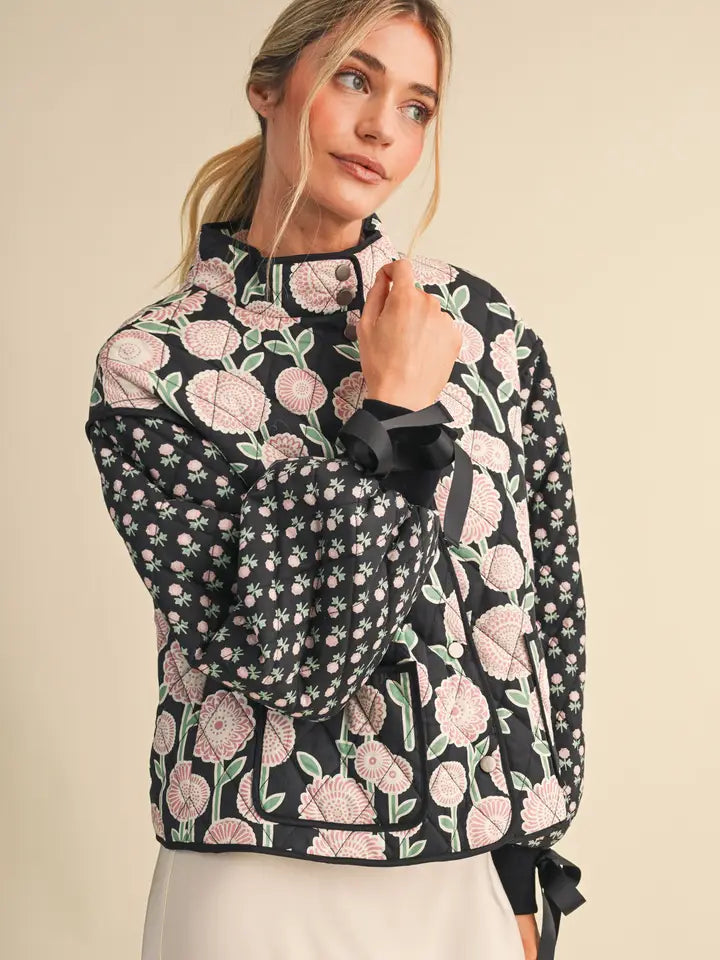 Quilted Floral Jacket with Ribbon Detail - Black Multi