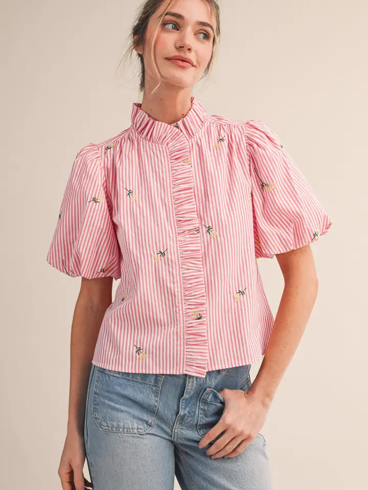 Embroidered Striped Ruffle Button Down - Pink Berry