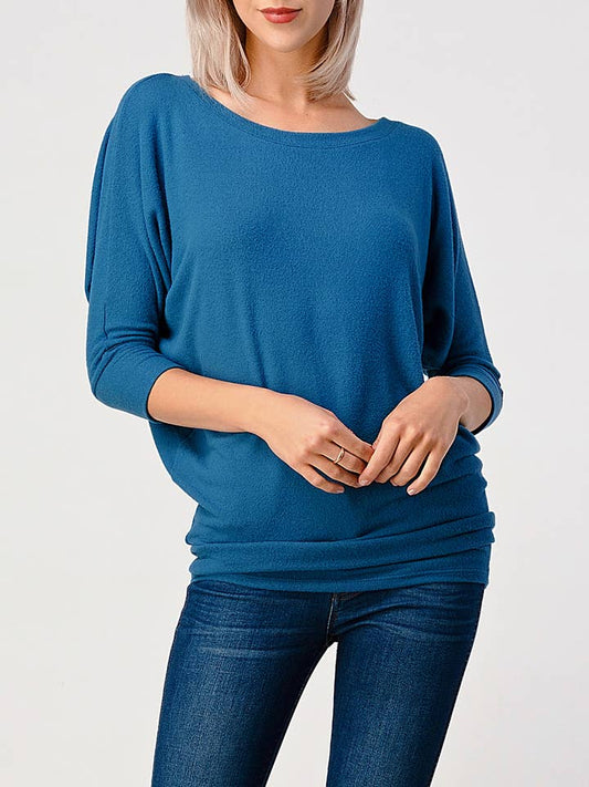 Dolman Sleeve Brushed Knit Top - Blue