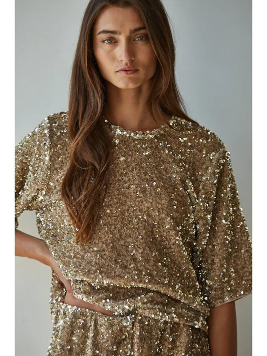 Center Stage Sequin Top - Gold Brown