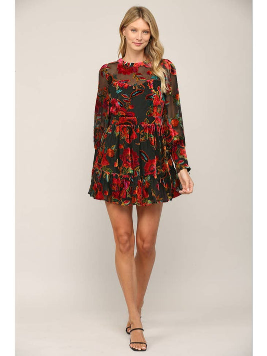 Velvet Flare Dress - Floral Burnout