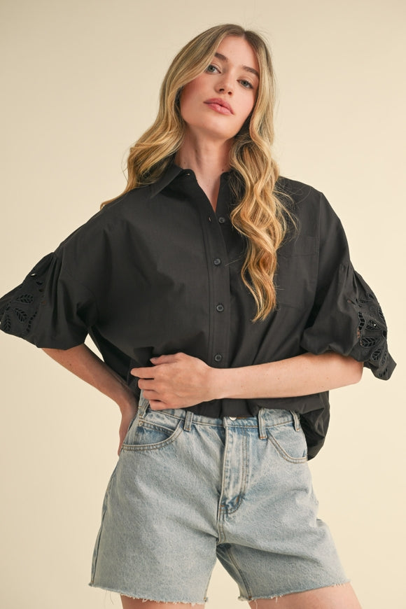 Embroidered Bubble Sleeve Button Down - Black