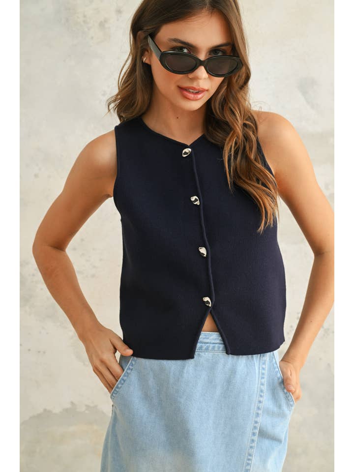 Metal Button Detail Knit Vest - Black