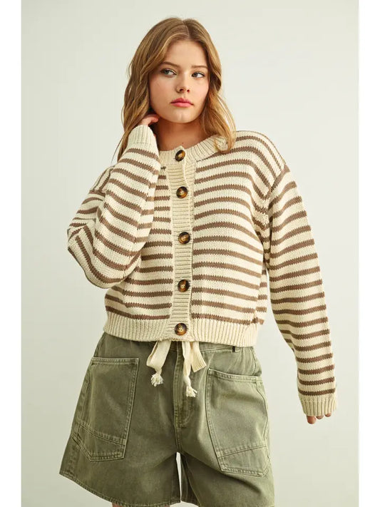 Striped Knitted Cardigan - Mocha/White