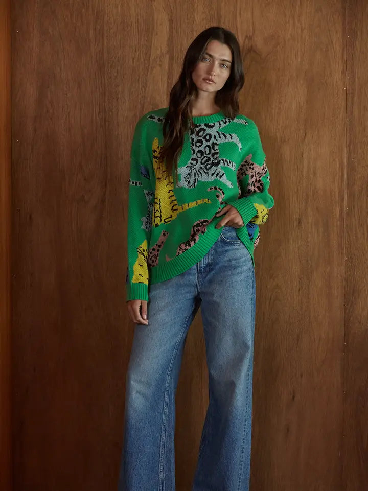 Animal Jacquard Pullover - Green Multi