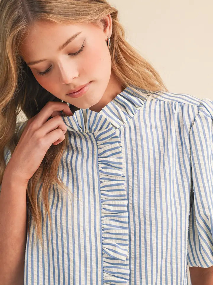 Striped Ruffle Button Down - Azule Blue