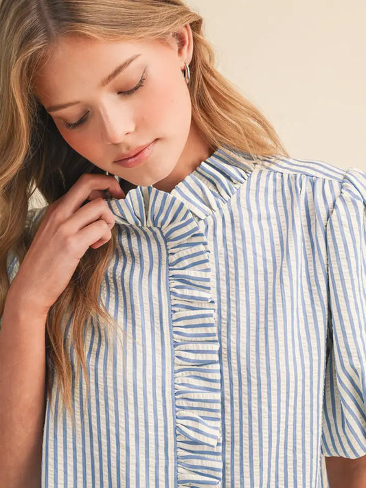 Striped Ruffle Button Down - Azule Blue
