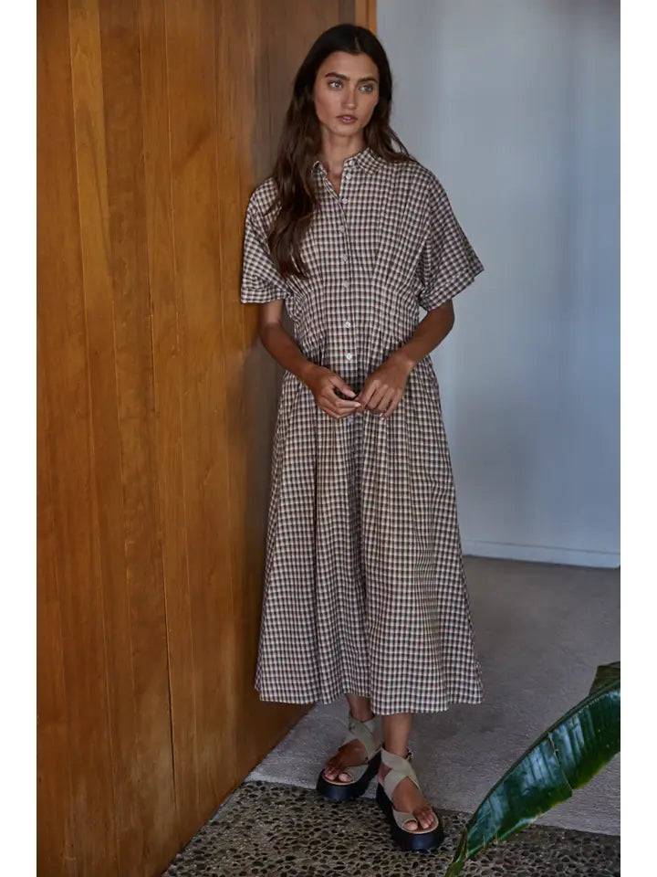 Woven Gingham Button Down Flare Maxi - Brown