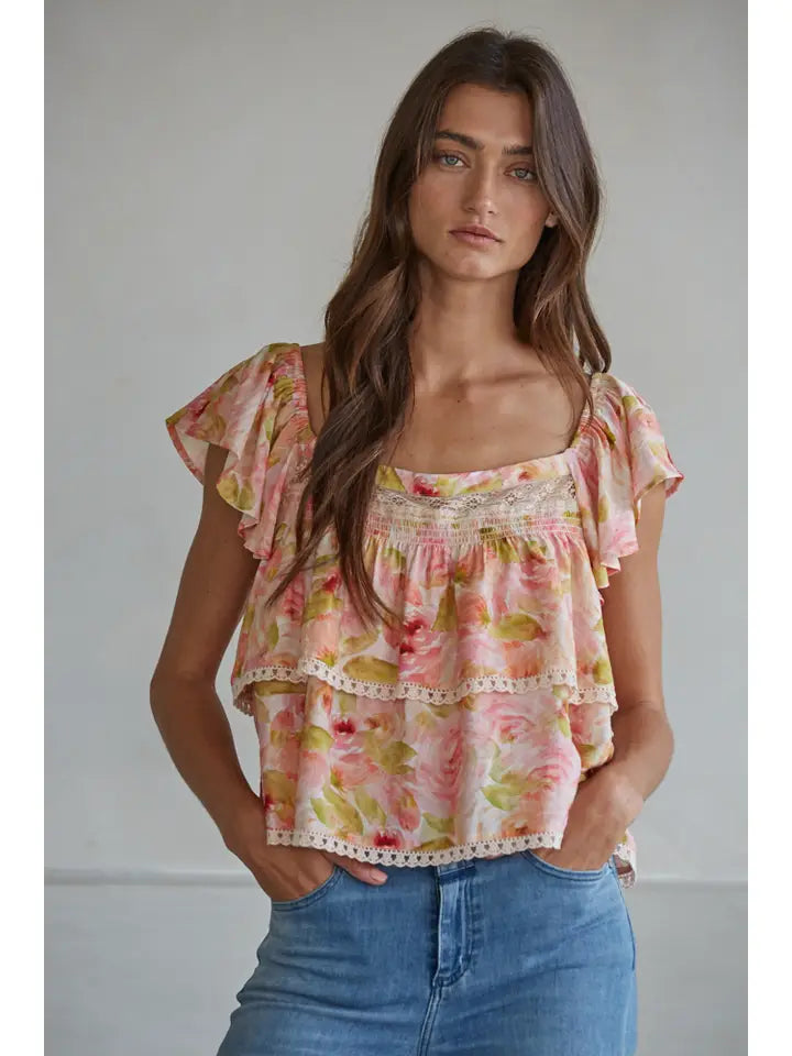 Floral Lace Trim Top - Pink Multi