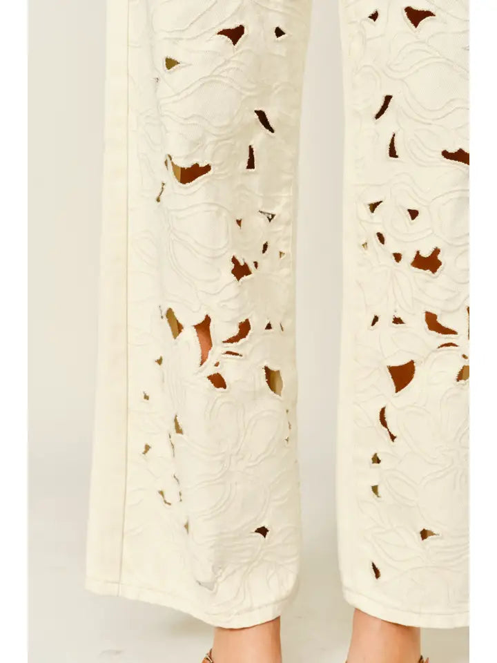 Cut Out Embroidered Straight Leg Pants - Cream
