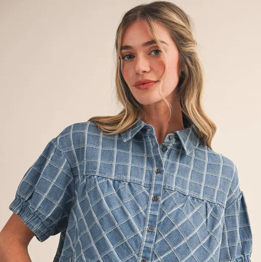 Checkered Denim Top - Light Blue