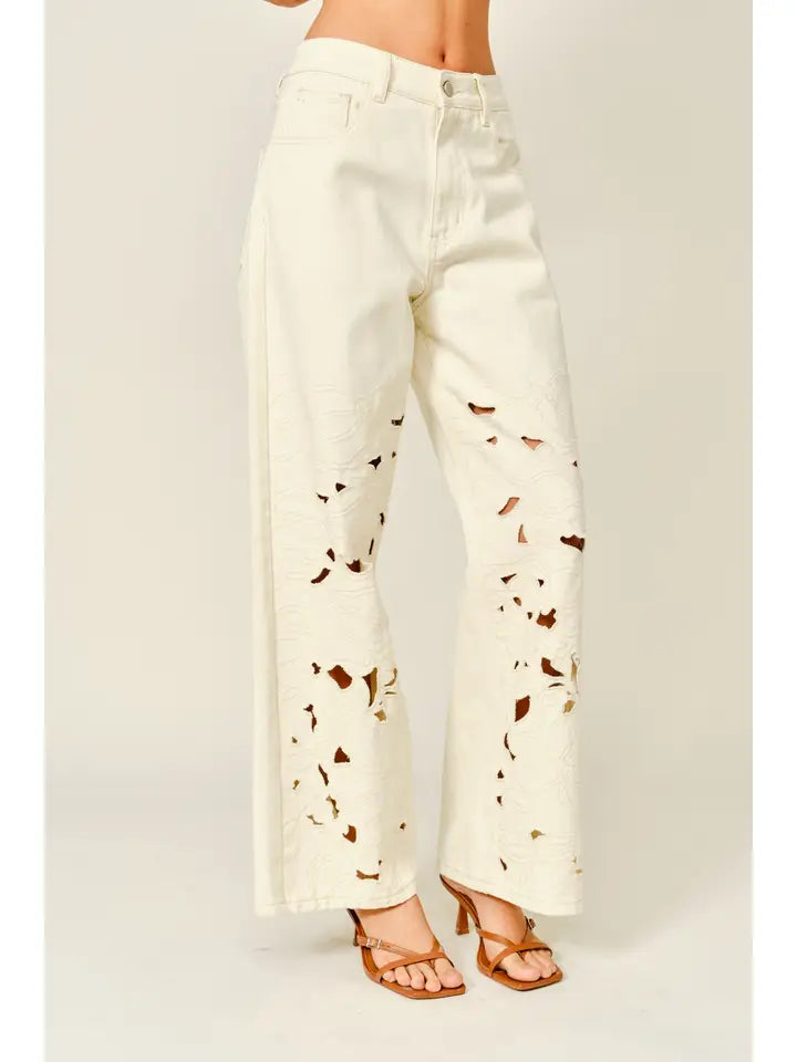 Cut Out Embroidered Straight Leg Pants - Cream